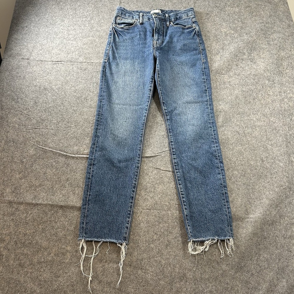 Good American Jeans Womens 2/26 Medium Wash Denim Raw Hem Stretch